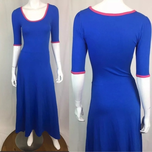 New LulaRoe Women's L Solid Blue Pink Trim Scoop Stretchy Ana Maxi Long Dress - Picture 1 of 6